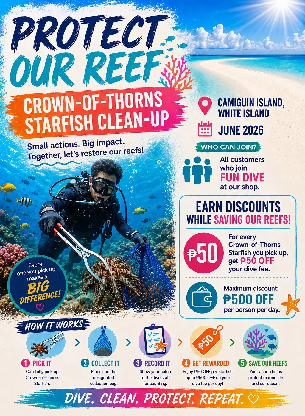 Crown-of-Thorns Starfish Clean-Up Event poster — June 2026 at White Island, Camiguin. Get ₱50 off per starfish collected, up to ₱500 off per diver per day.